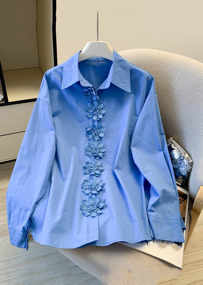 Stylish Blue Peter Pan Collar Floral Shirts Spring