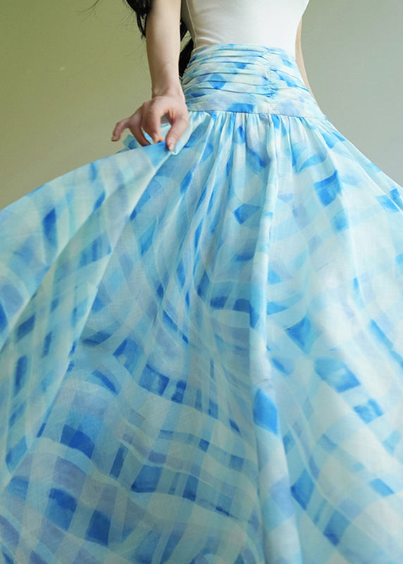 Stylish Blue Plaid Patchwork High Waist Maxi Skirt Summer