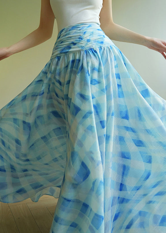 Stylish Blue Plaid Patchwork High Waist Maxi Skirt Summer