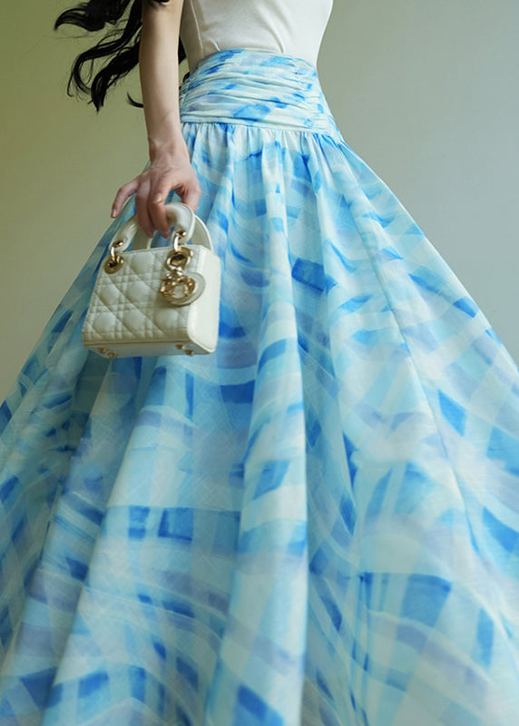 Stylish Blue Plaid Patchwork High Waist Maxi Skirt Summer