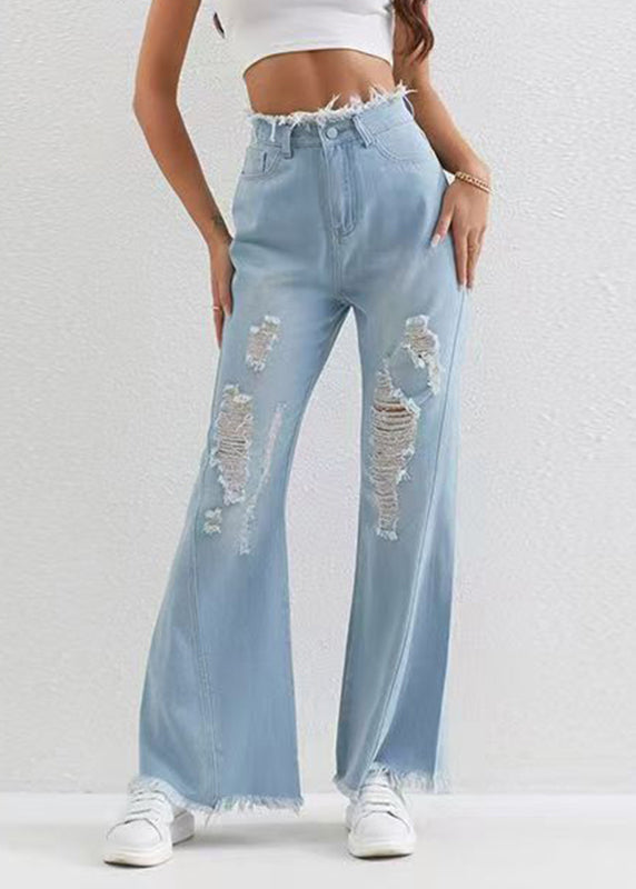 Stylish Blue Pockets Patchwork Flared Ripped Jeans Fall