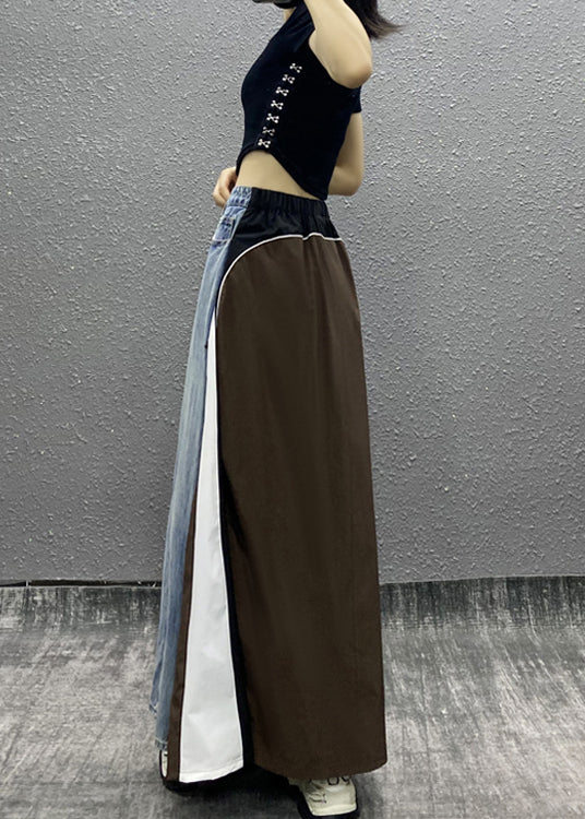 Stylish Blue Pockets Striped Patchwork Denim Skirts Fall