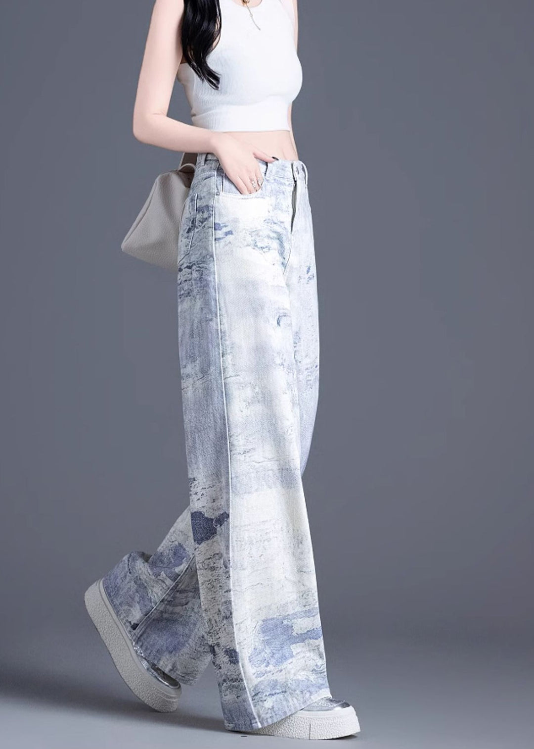 Stylish Blue Pockets Tie Dye Cotton Straight Pants Spring