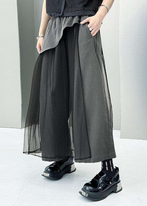 Stylish Blue Pockets Tulle Patchwork Cotton Pants Summer