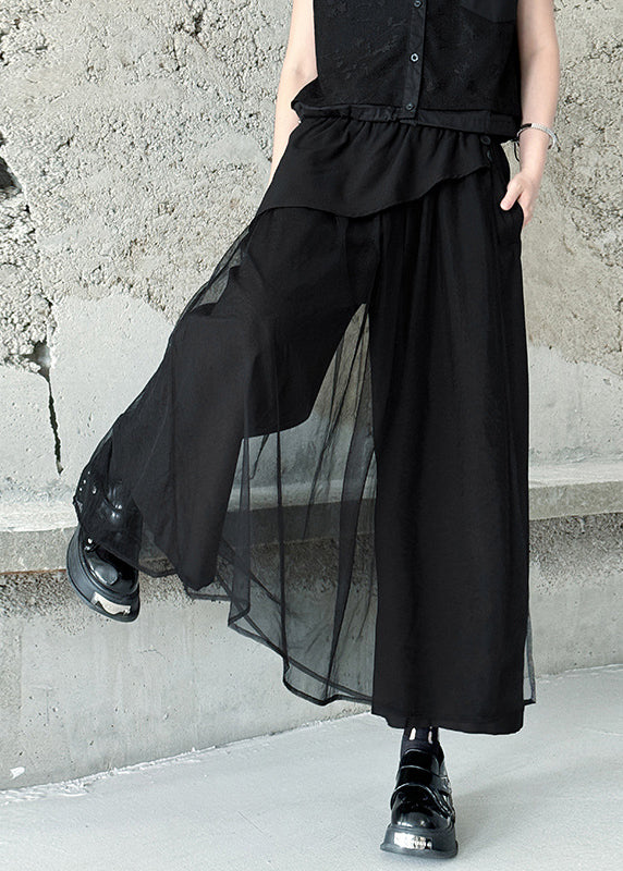 Stylish Blue Pockets Tulle Patchwork Cotton Pants Summer