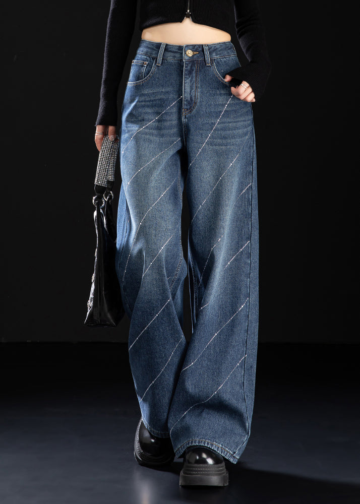 Stylish Blue Pockets Zircon Warm Fleece Denim Pants Winter