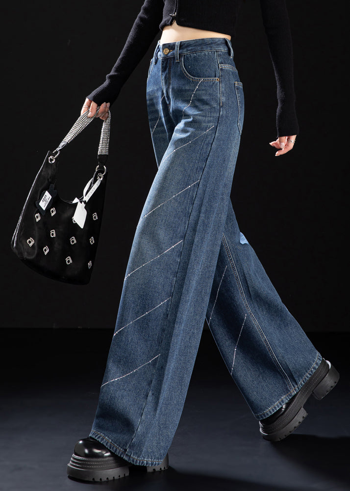 Stylish Blue Pockets Zircon Warm Fleece Denim Pants Winter