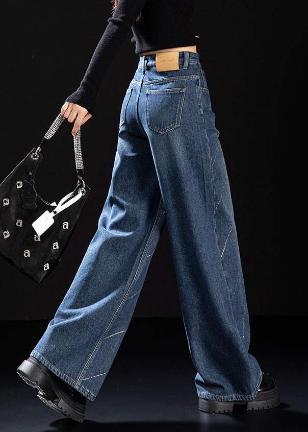 Stylish Blue Pockets Zircon Warm Fleece Denim Pants Winter