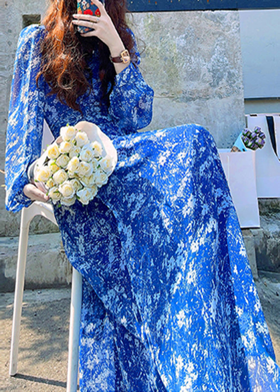 Stylish Blue Print High Waist Side Open Long Dresses Spring