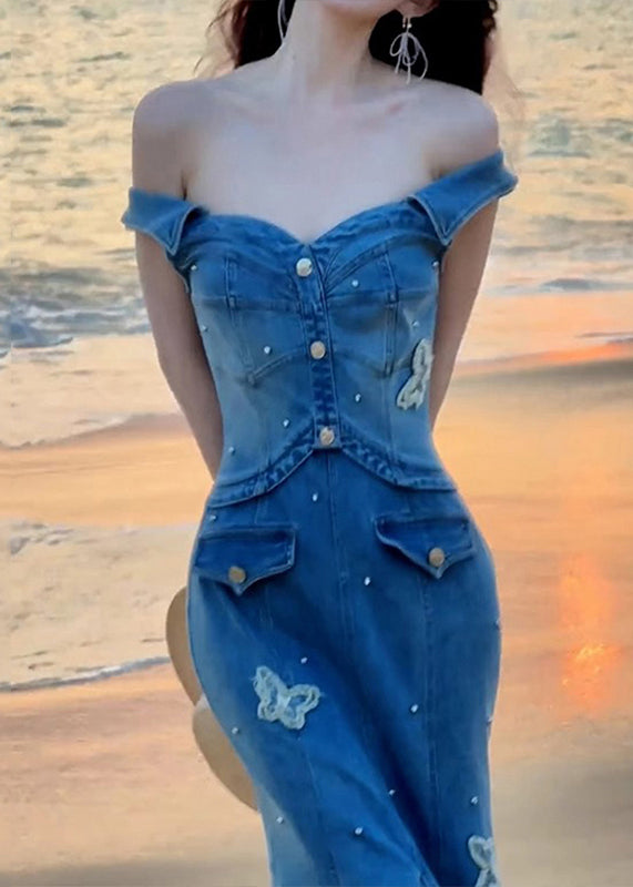Stylish Blue Slash Neck Butterfly Front Open Denim Fish Tail Dress Sleeveless