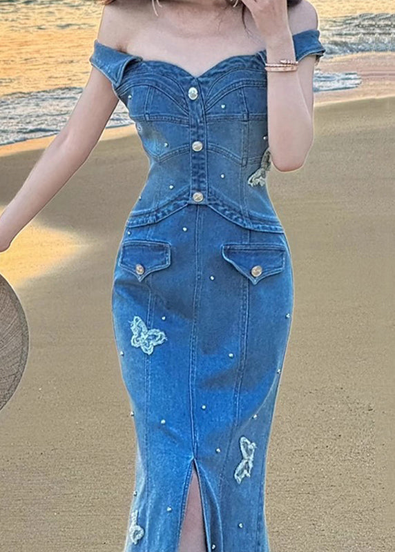 Stylish Blue Slash Neck Butterfly Front Open Denim Fish Tail Dress Sleeveless