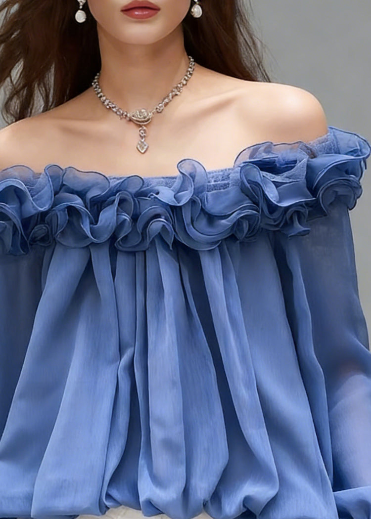 Stylish Blue Slash Neck Ruffled Chiffon Shirts Spring - Omychic