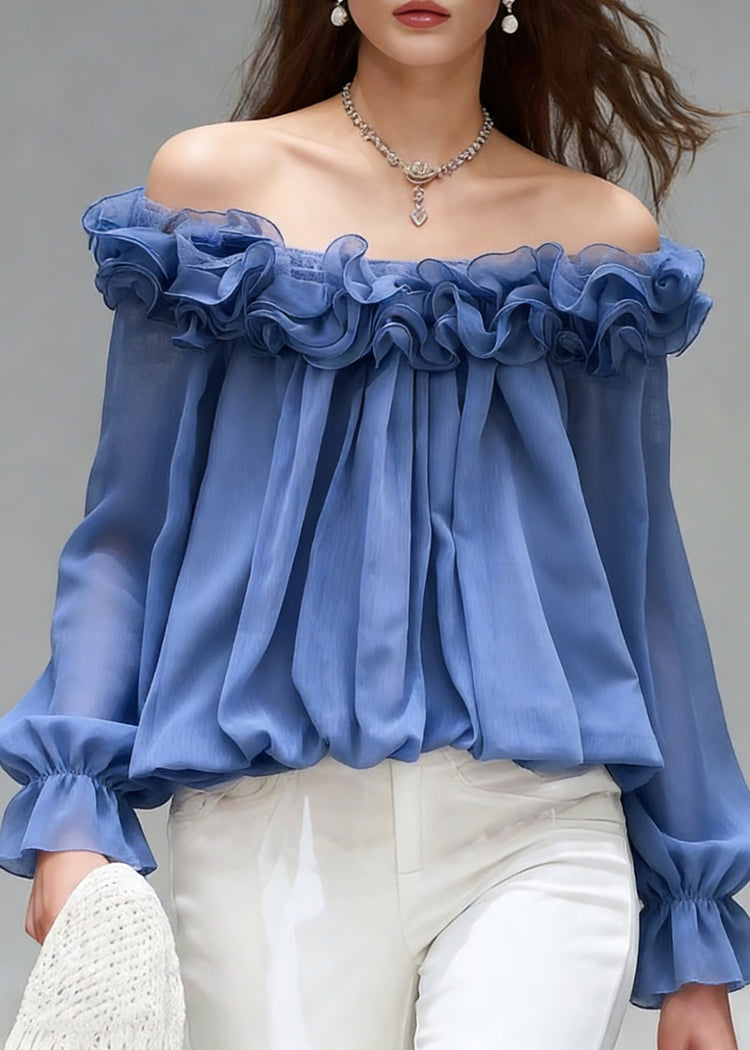 Stylish Blue Slash Neck Ruffled Chiffon Shirts Spring - Omychic