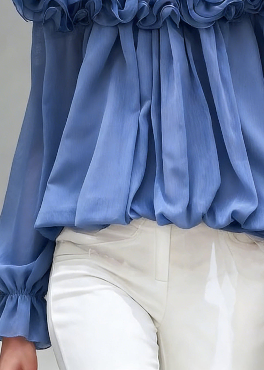 Stylish Blue Slash Neck Ruffled Chiffon Shirts Spring - Omychic