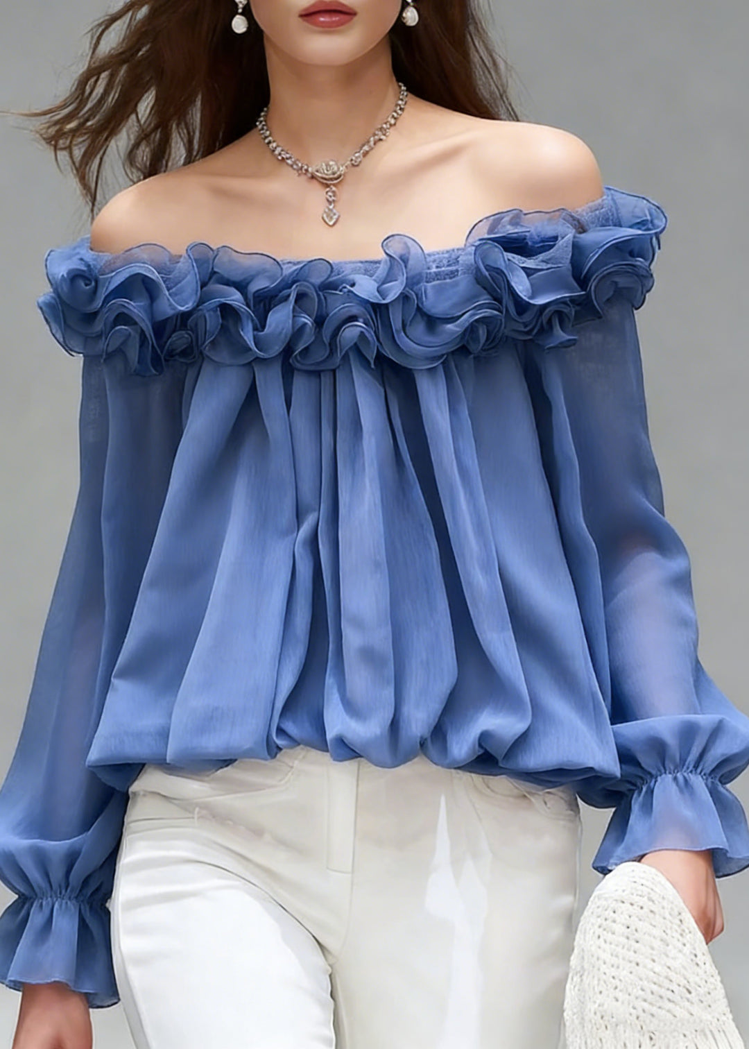 Stylish Blue Slash Neck Ruffled Chiffon Shirts Spring - Omychic