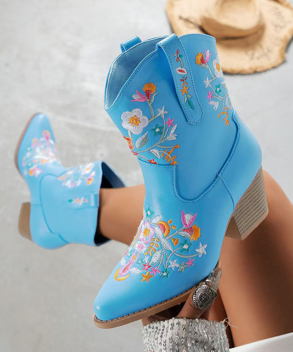 Stylish Blue Solid Chunky Faux Leather Ankle Boots Embossed