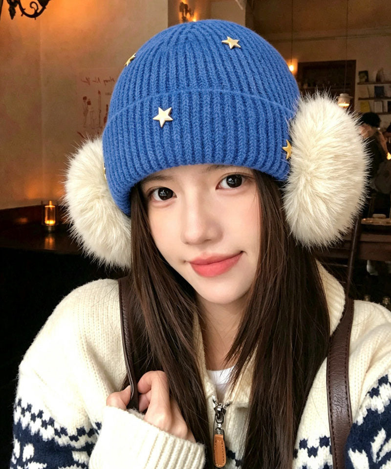 Stylish Blue Star With Earmuffs Knit Bonnie Hat