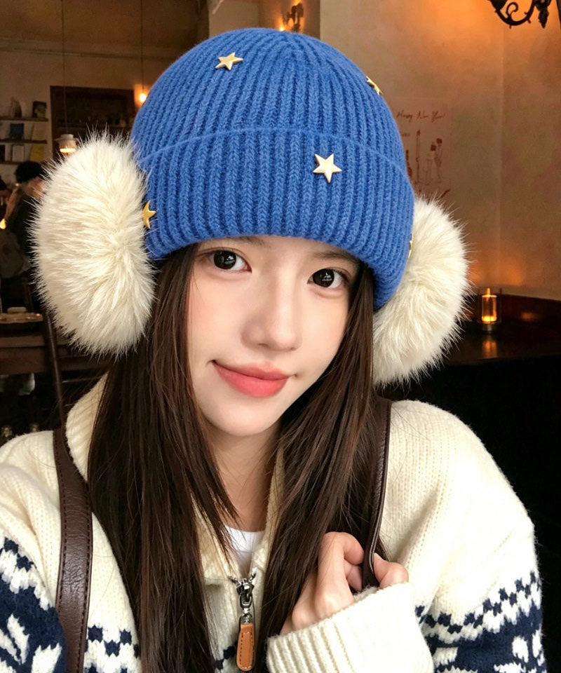Stylish Blue Star With Earmuffs Knit Bonnie Hat
