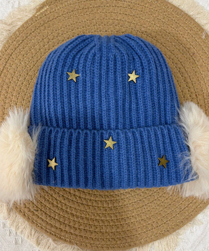 Stylish Blue Star With Earmuffs Knit Bonnie Hat