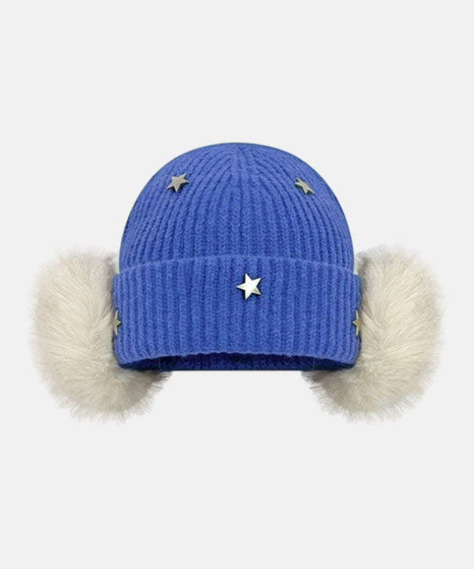 Stylish Blue Star With Earmuffs Knit Bonnie Hat