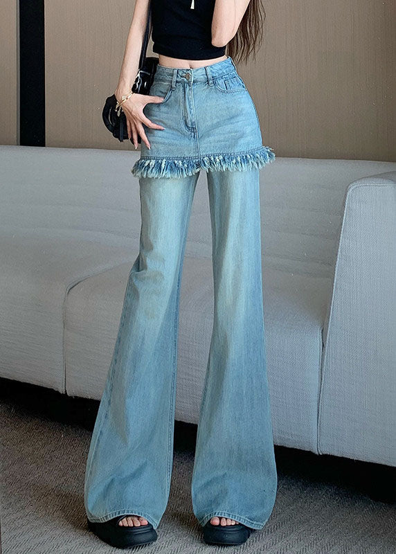 Stylish Blue Tassel False Two Pieces Denim Flared Trousers Fall