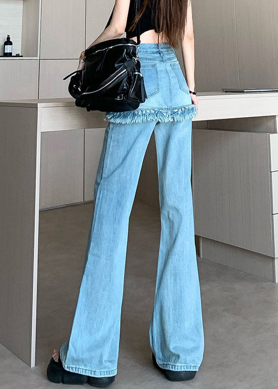 Stylish Blue Tassel False Two Pieces Denim Flared Trousers Fall