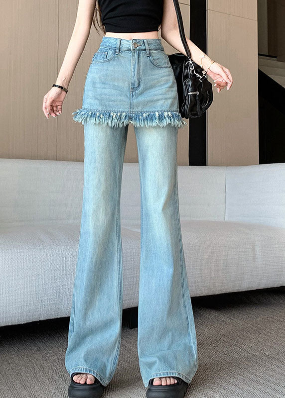 Stylish Blue Tassel False Two Pieces Denim Flared Trousers Fall