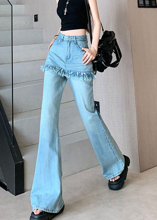 Stylish Blue Tassel False Two Pieces Denim Flared Trousers Fall