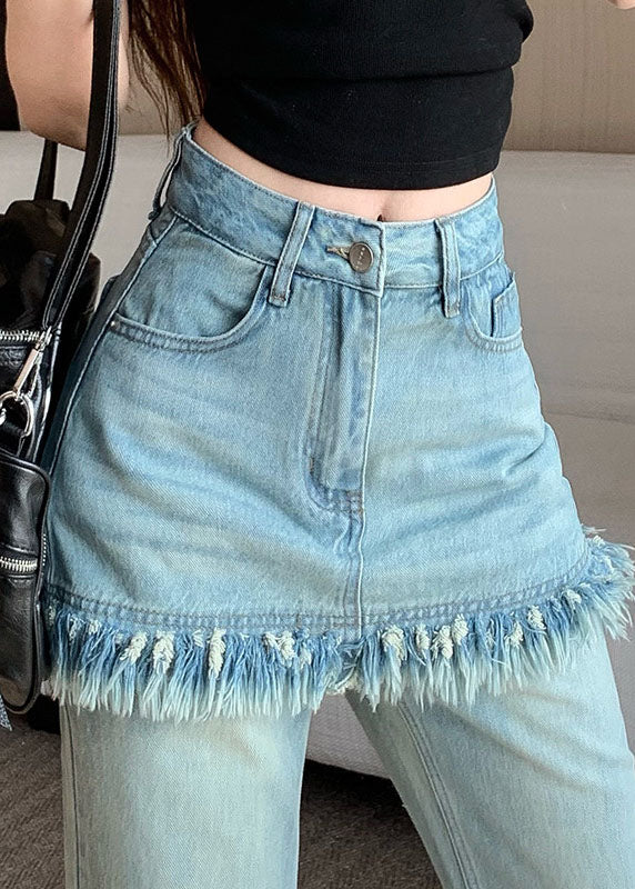 Stylish Blue Tassel False Two Pieces Denim Flared Trousers Fall