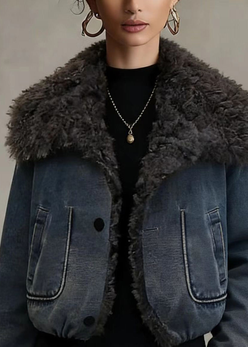 Stylish Blue Teddy Faux Fur Patchwork Fine Cotton Filled Jacket Winter