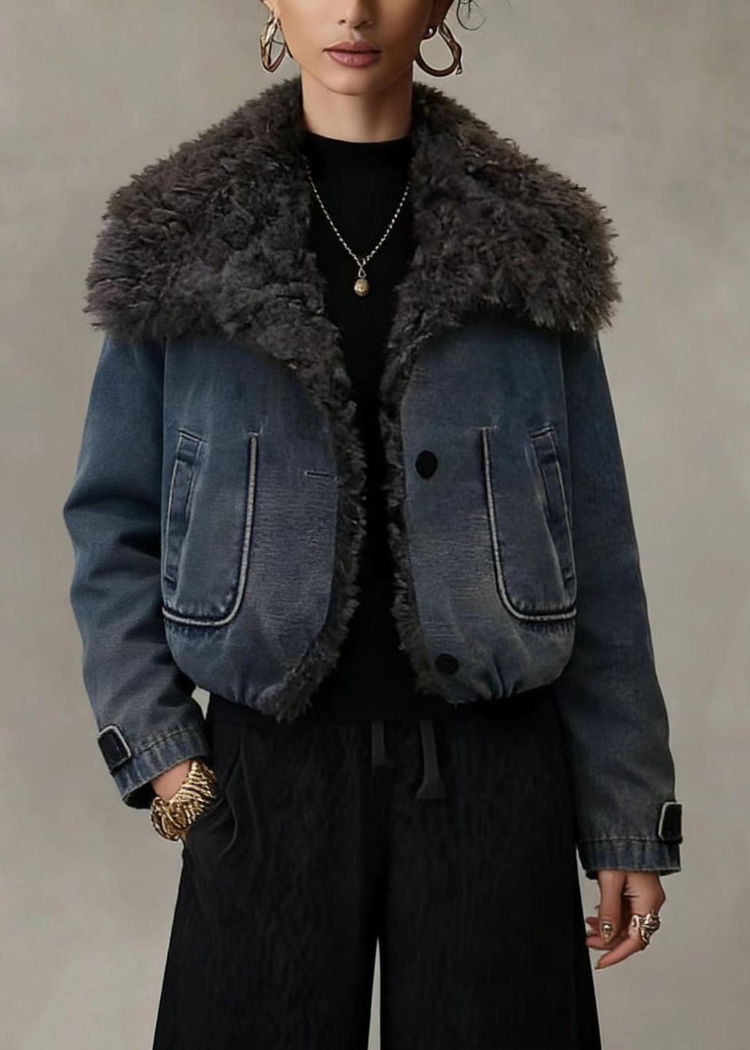 Stylish Blue Teddy Faux Fur Patchwork Fine Cotton Filled Jacket Winter