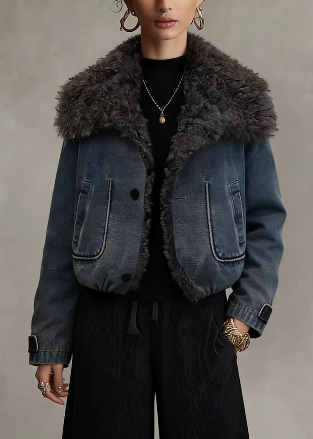 Stylish Blue Teddy Faux Fur Patchwork Fine Cotton Filled Jacket Winter