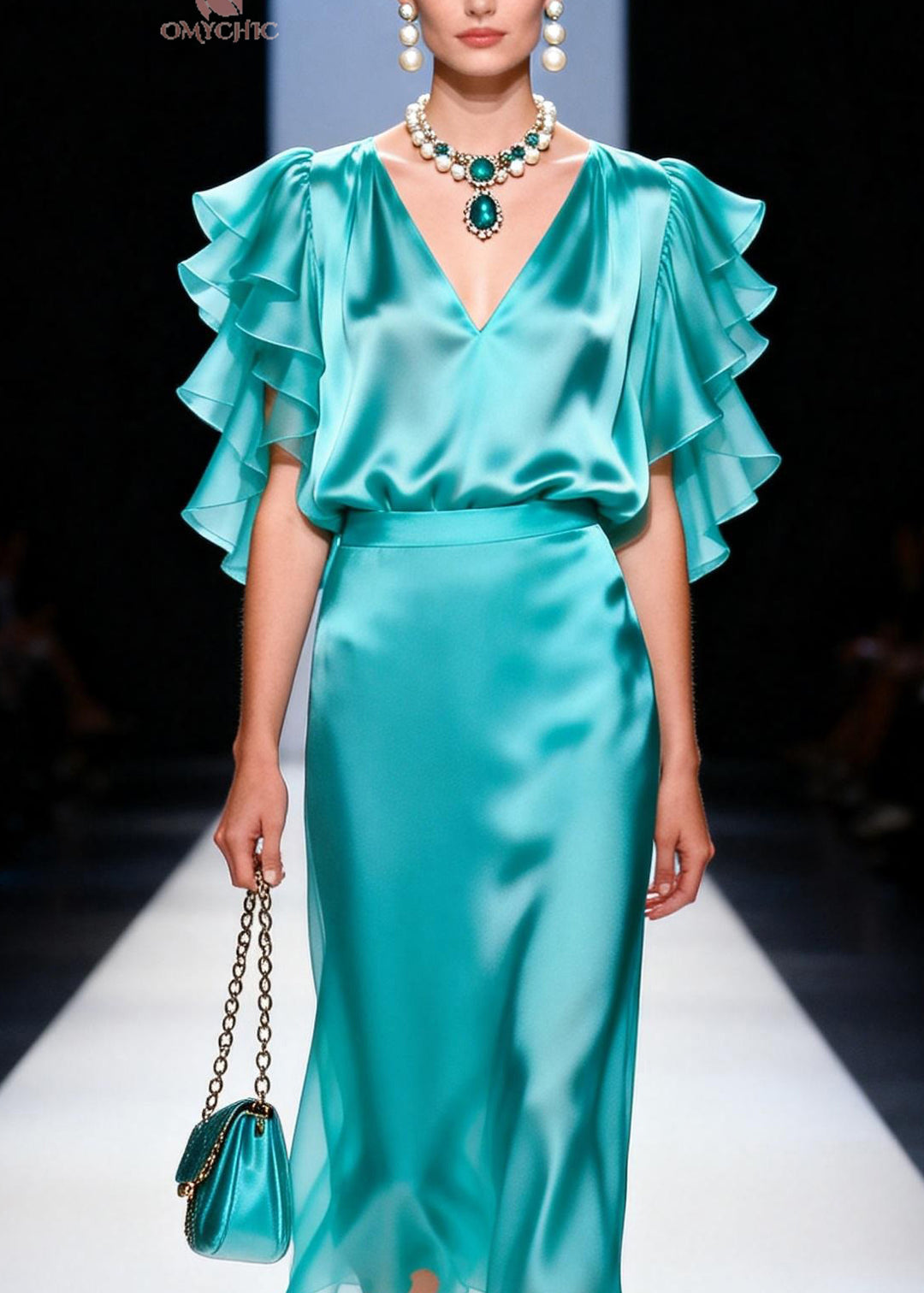 Stylish Blue Top And Skirts Silk Two Pieces Set Butterfly Sleeve