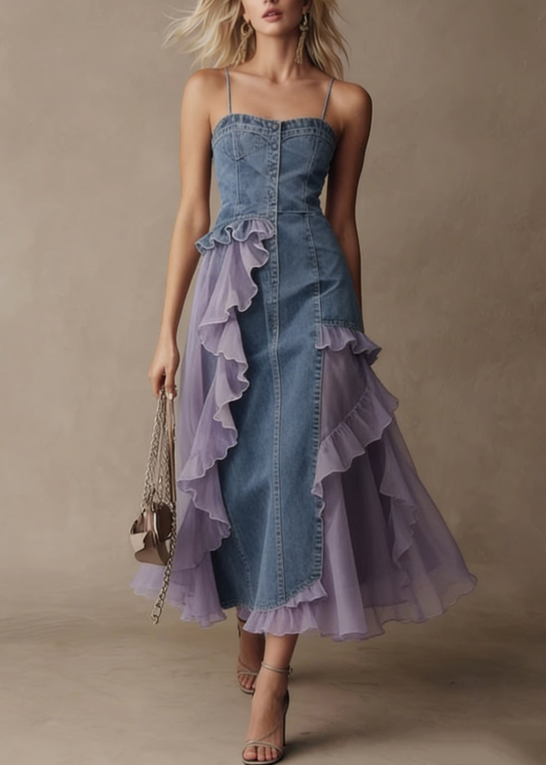 Stylish Blue Tulle Ruffled Patchwork Denim Spaghetti Strap Dress Summer - Omychic