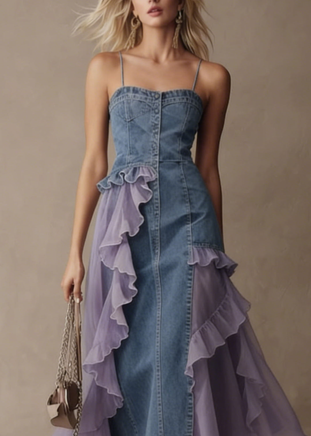 Stylish Blue Tulle Ruffled Patchwork Denim Spaghetti Strap Dress Summer - Omychic
