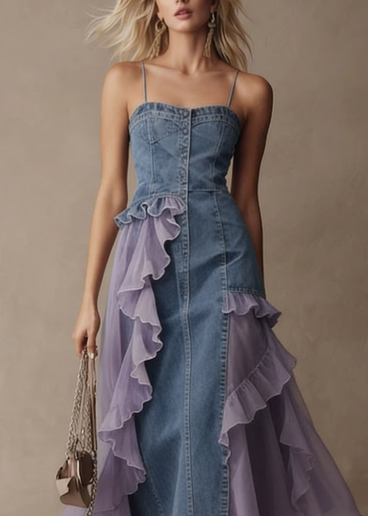 Stylish Blue Tulle Ruffled Patchwork Denim Spaghetti Strap Dress Summer - Omychic