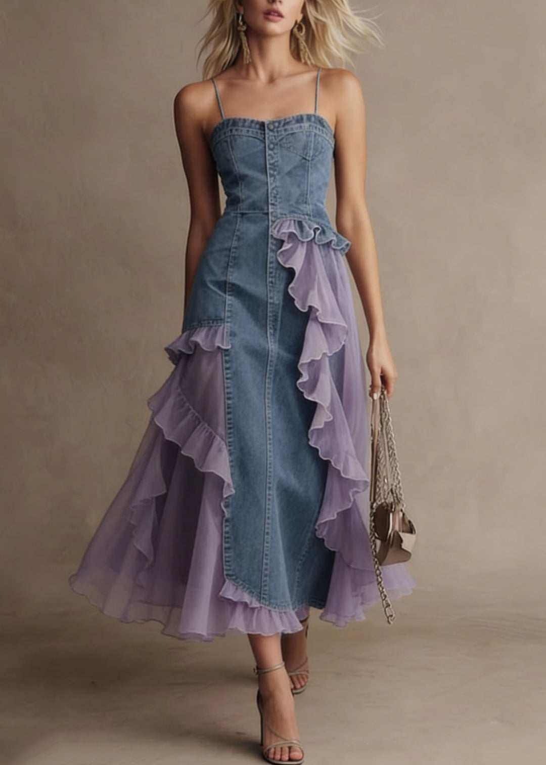 Stylish Blue Tulle Ruffled Patchwork Denim Spaghetti Strap Dress Summer - Omychic