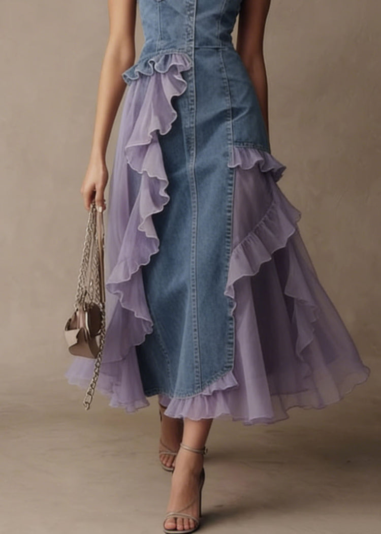 Stylish Blue Tulle Ruffled Patchwork Denim Spaghetti Strap Dress Summer - Omychic