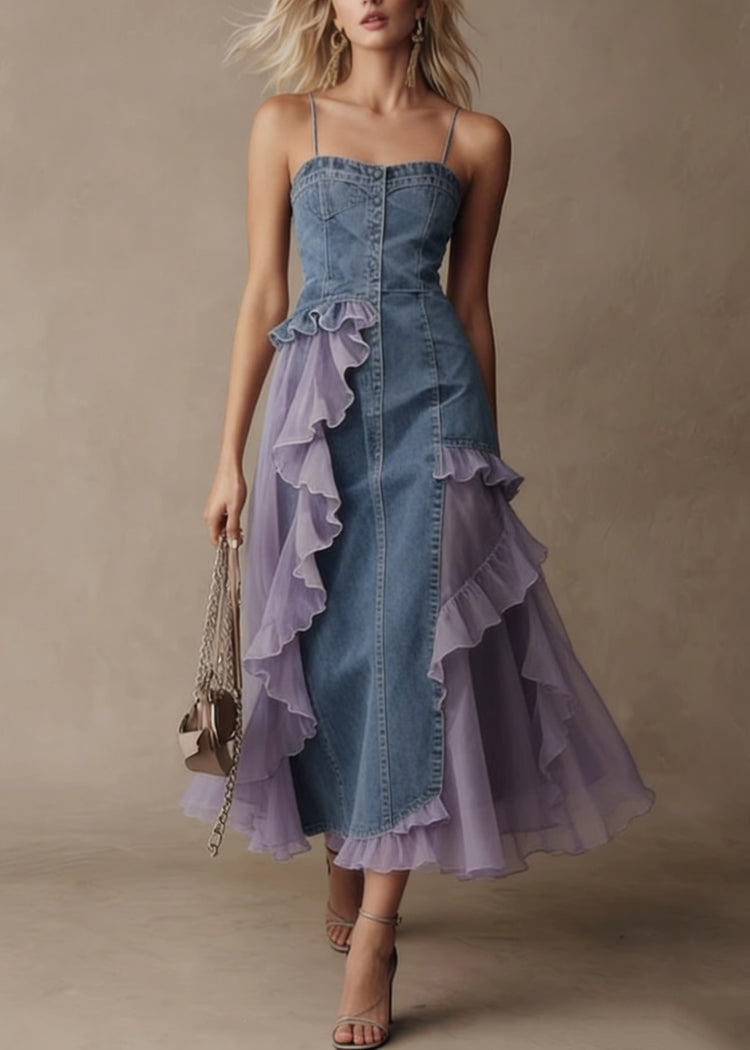 Stylish Blue Tulle Ruffled Patchwork Denim Spaghetti Strap Dress Summer - Omychic