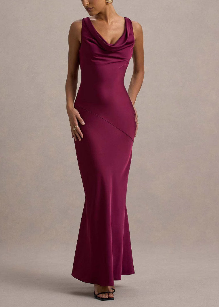 Stylish Blue Turtle Neck Wraped Backless Party Dress