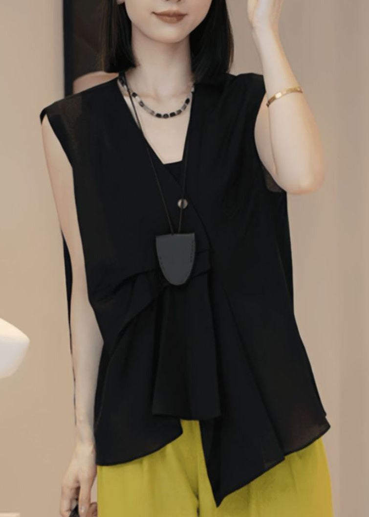Stylish Blue V Neck Asymmetrical Wrinkled Shirt Sleeveless