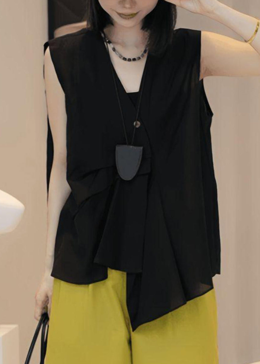Stylish Blue V Neck Asymmetrical Wrinkled Shirt Sleeveless