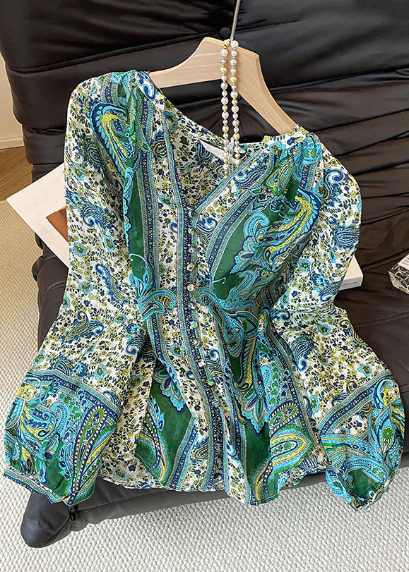 Stylish Blue V Neck Button Print Chiffon Shirt Top Fall