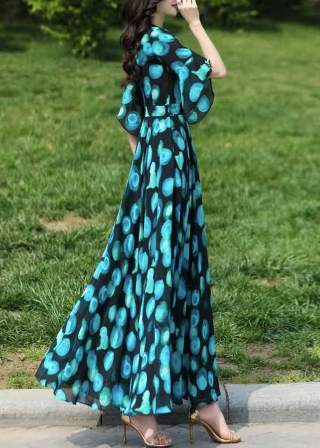 Stylish Blue V Neck Print Chiffon Dresses Flare Sleeve