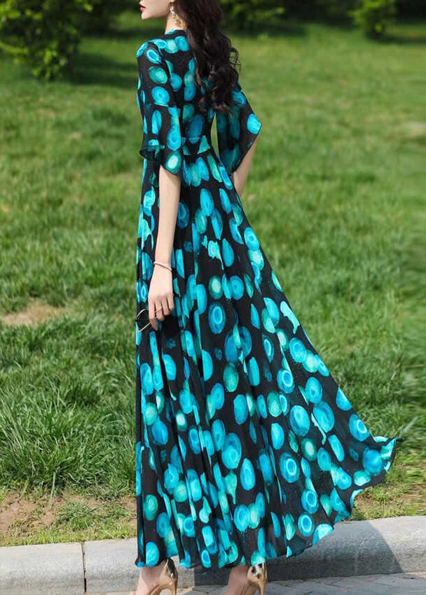 Stylish Blue V Neck Print Chiffon Dresses Flare Sleeve