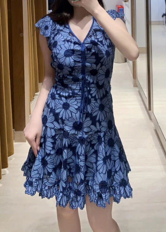 Stylish Blue V Neck Print Lace Up Cotton Mid Dress Summer