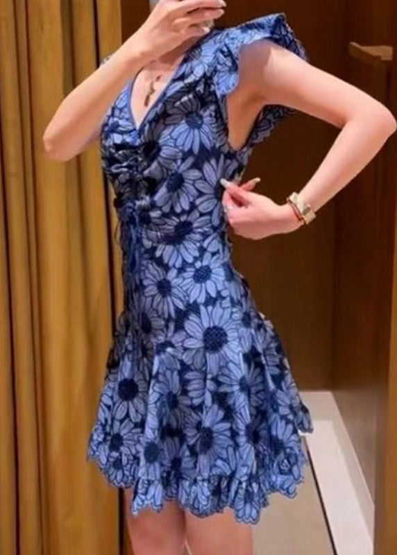 Stylish Blue V Neck Print Lace Up Cotton Mid Dress Summer