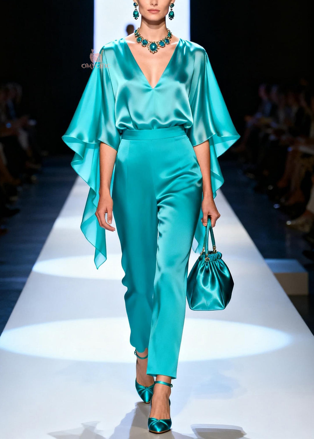 Stylish Blue V Neck Top And Pants Silk Two Pieces Set Summer