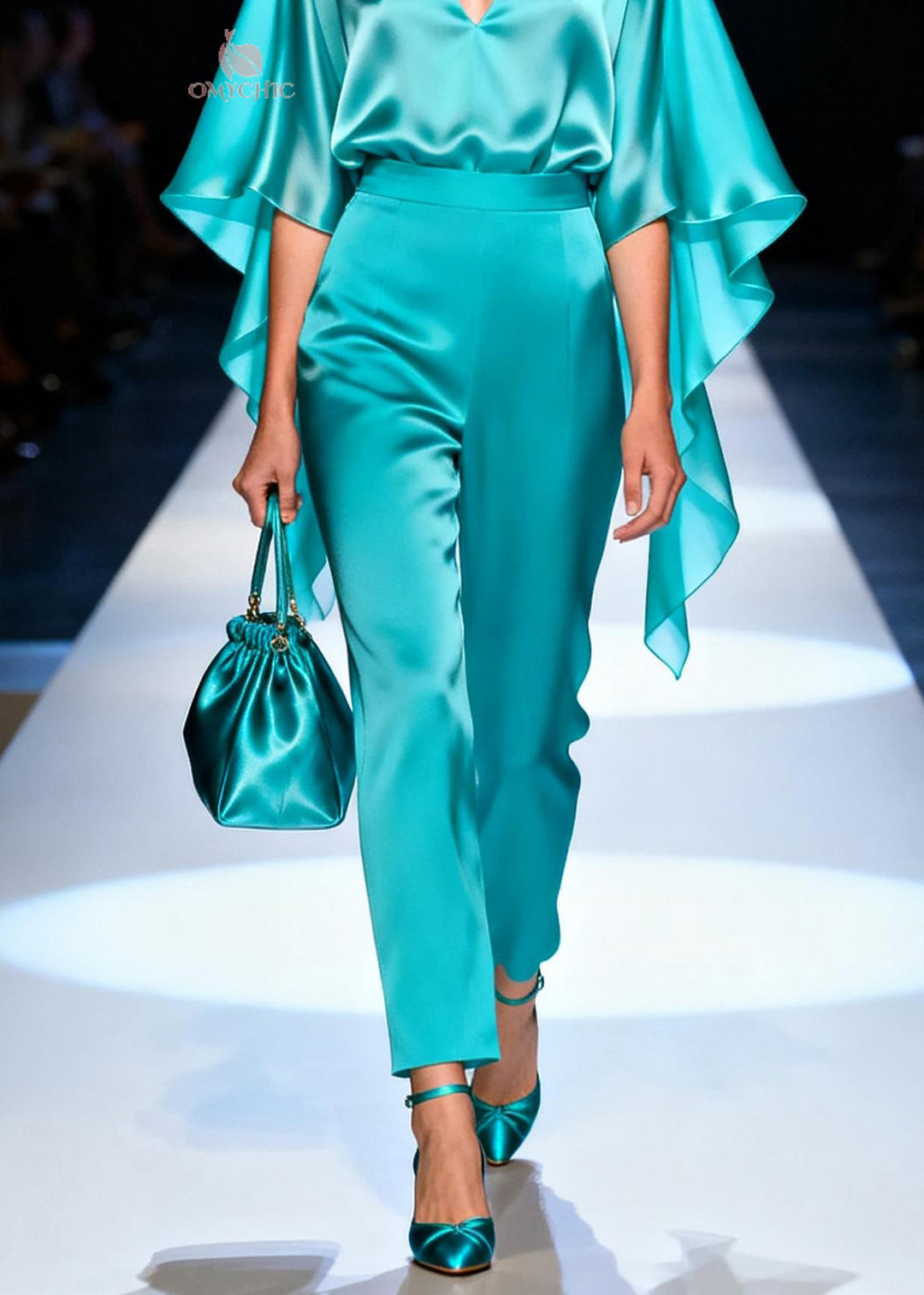 Stylish Blue V Neck Top And Pants Silk Two Pieces Set Summer