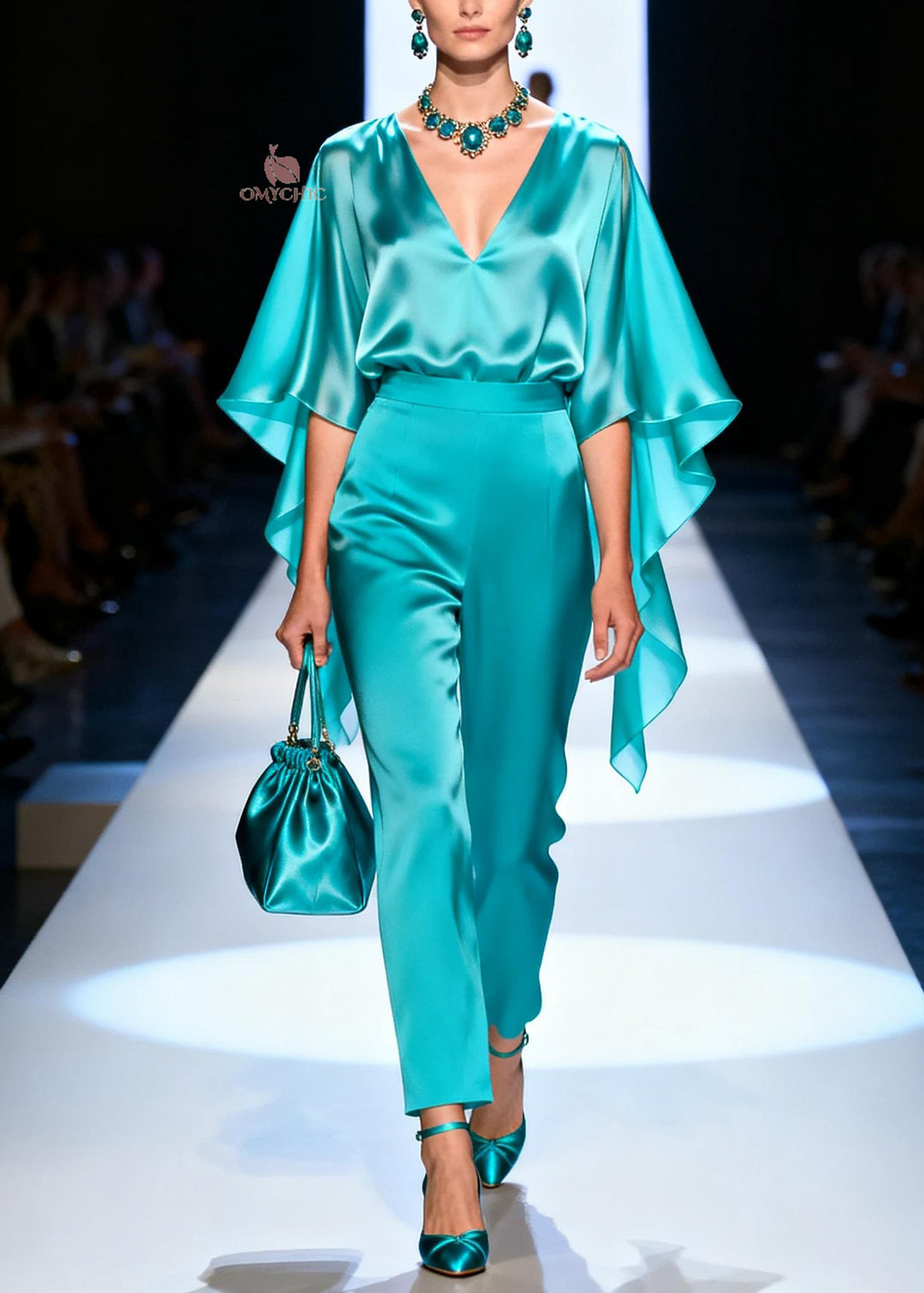 Stylish Blue V Neck Top And Pants Silk Two Pieces Set Summer